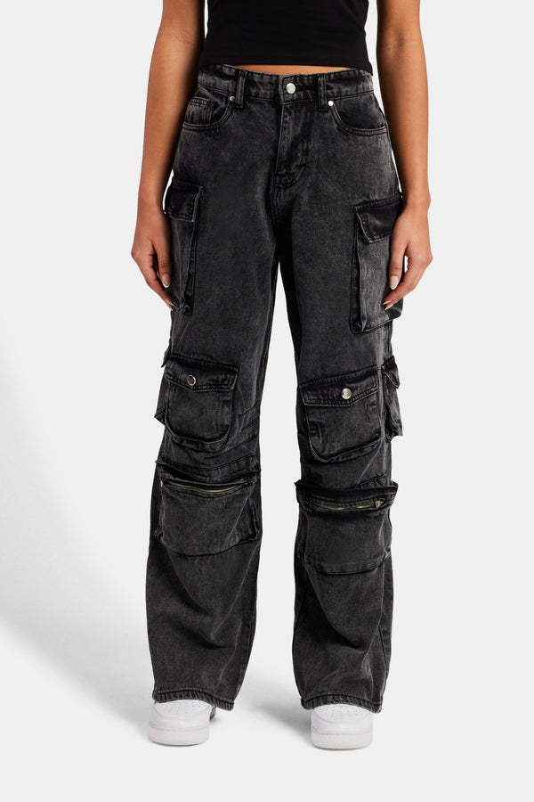 Acid Wash Baggy Cargo Jeans - Black