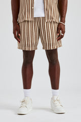 Knitted Contrast Stripe Revere Shirt & Short Set - Chocolate