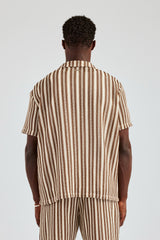 Knitted Contrast Stripe Revere Shirt & Short Set - Chocolate