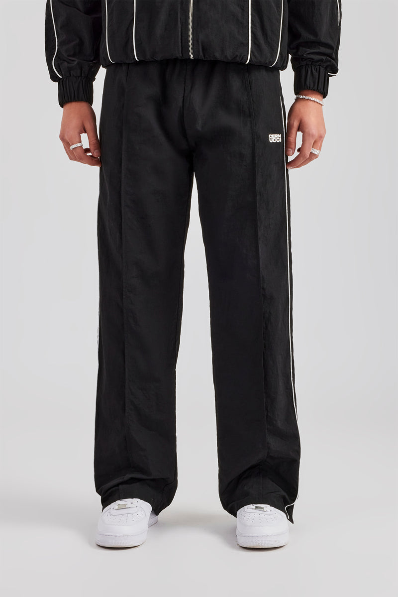 Nylon Piping Popper Wide Leg Jogger - Black