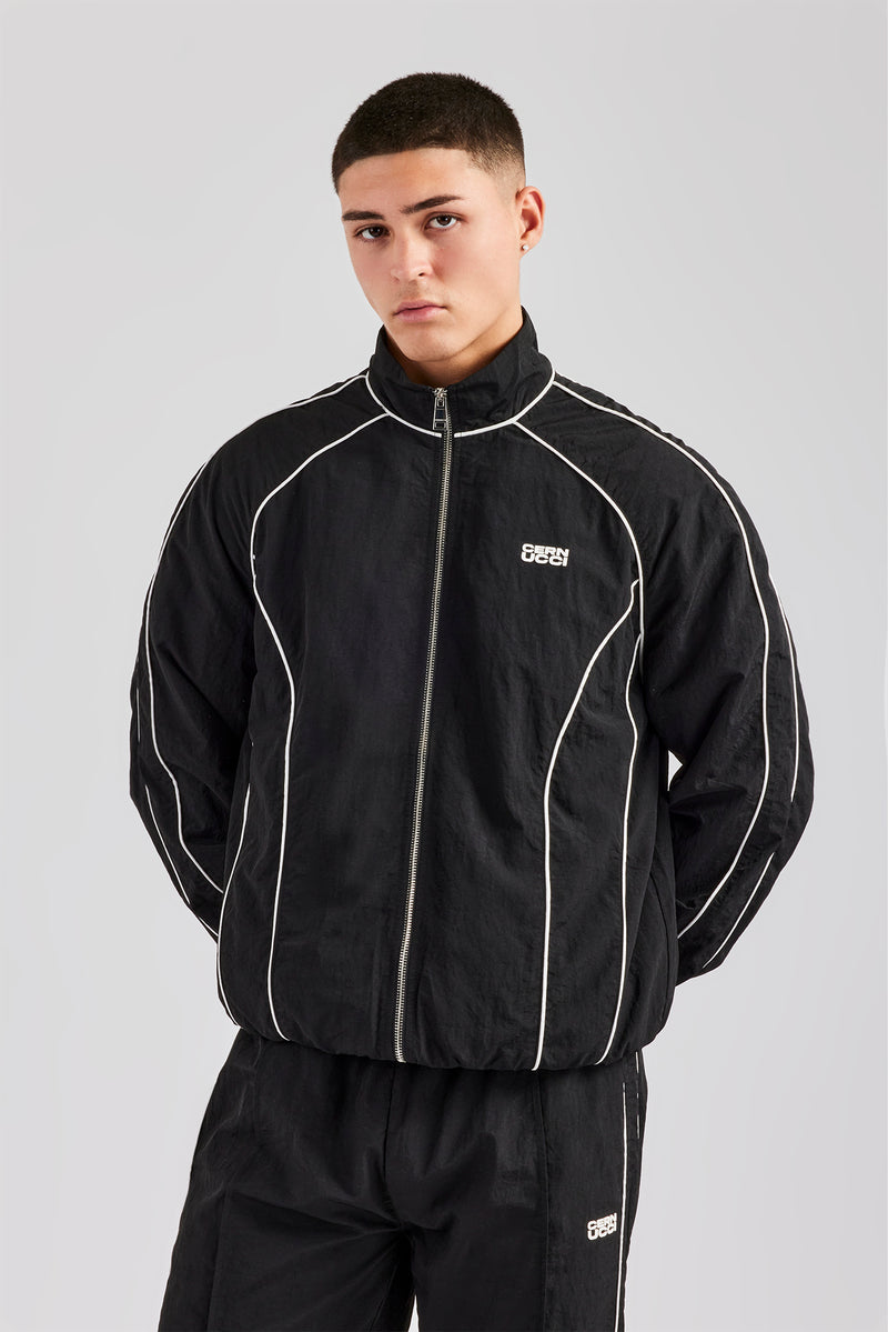 Nylon Piping Zip Through Jacket - Black