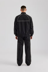 Nylon Piping Zip Through Tracksuit - Black