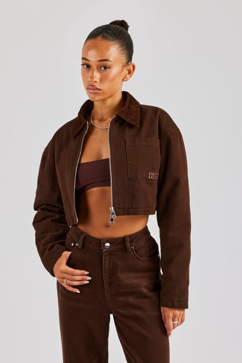 Twill Cord Collar Harrington Jacket - Chocolate