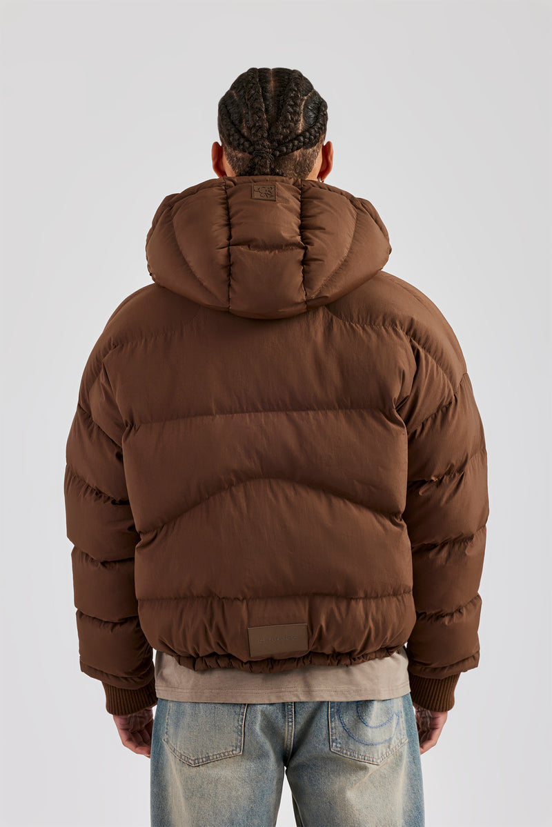 Oversized Hooded Puffer Jacket - Brown