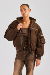 Womens Twill Utility Cargo Bomber Jacket - Chocolate