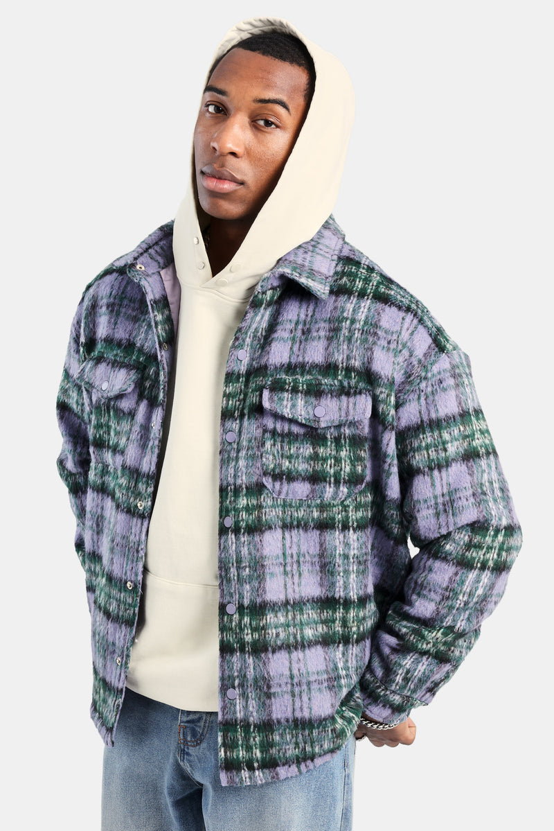 Oversized Brushed Check Overshirt - Purple