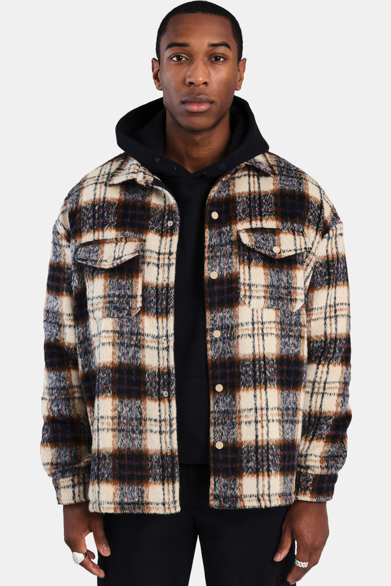 Oversized Brushed Check Overshirt - Beige