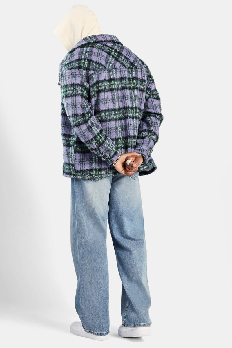 Oversized Brushed Check Overshirt - Purple