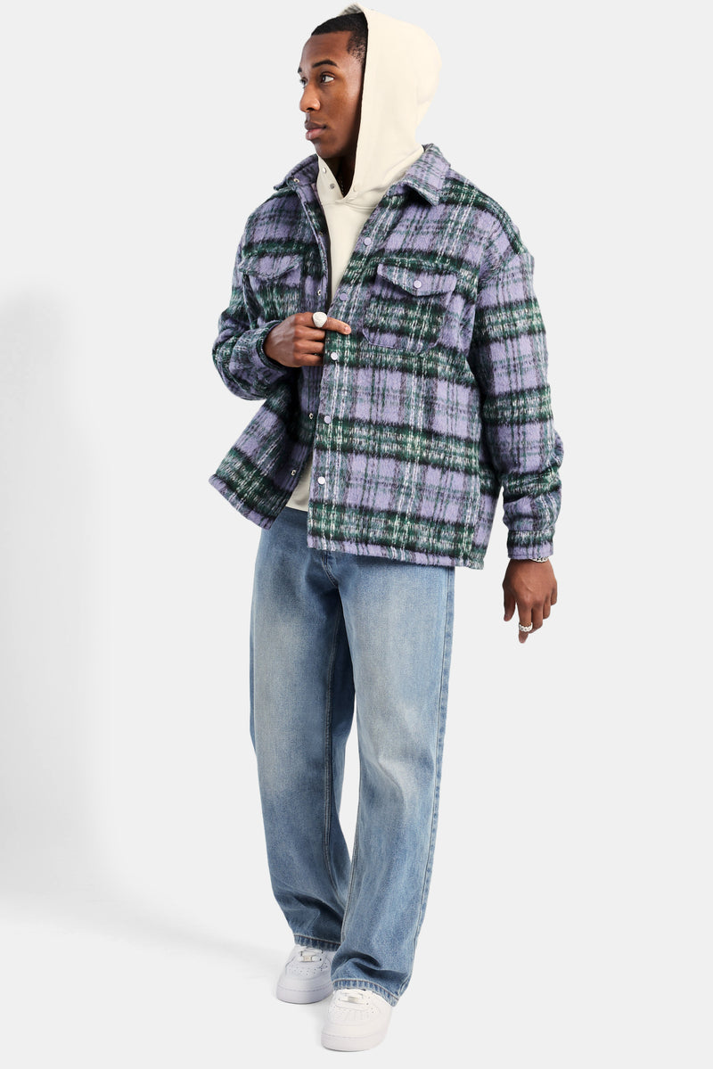 Oversized Brushed Check Overshirt - Purple