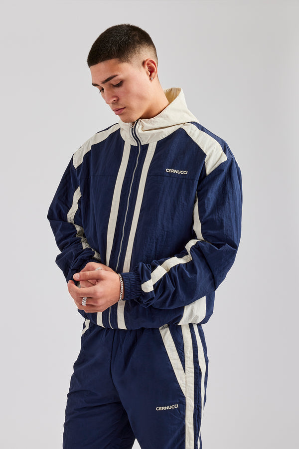 Nylon Colour Block Zip Through Tracksuit - Navy