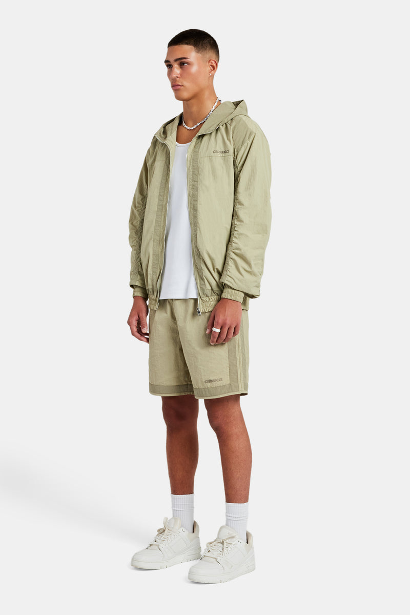 Nylon Colour Block Zip Through & Short Set - Light Khaki