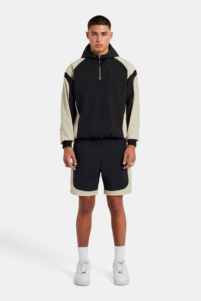 Nylon Hooded Track Jacket & Short Set - Black