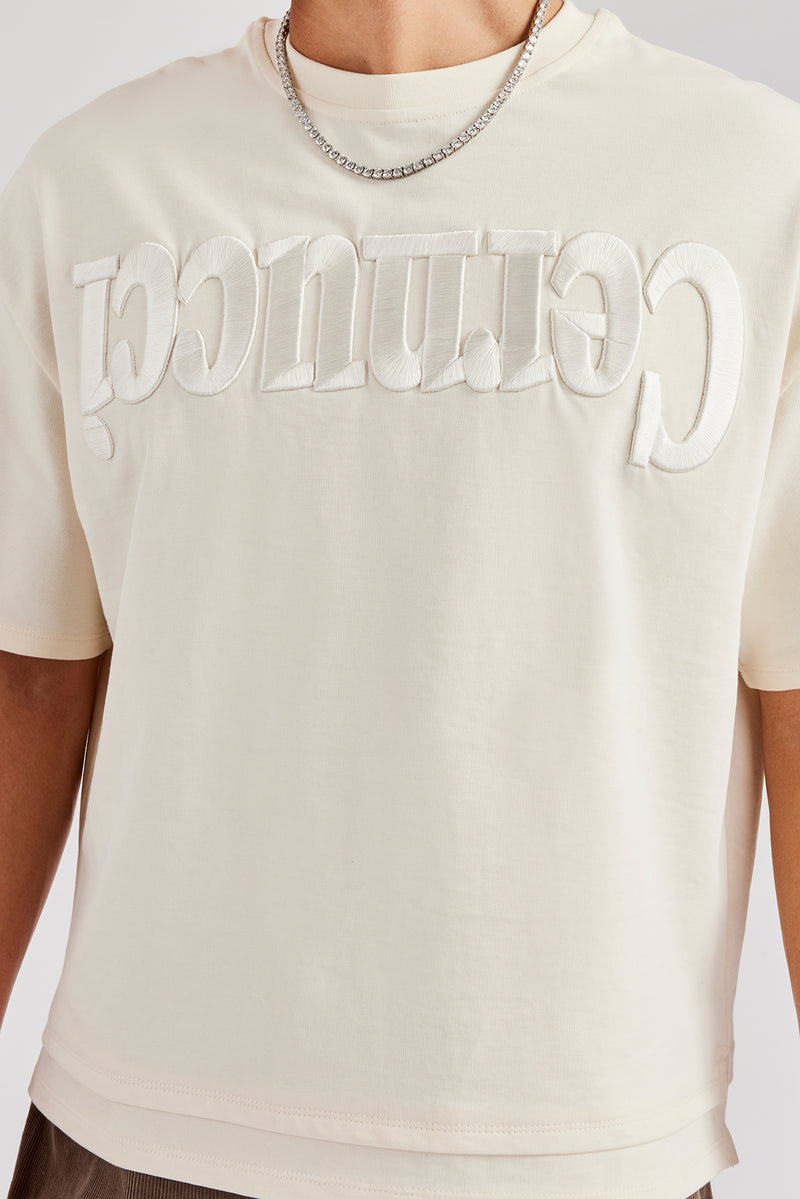 Washed Embroidered Faux Layer Boxy T-Shirt - Off White