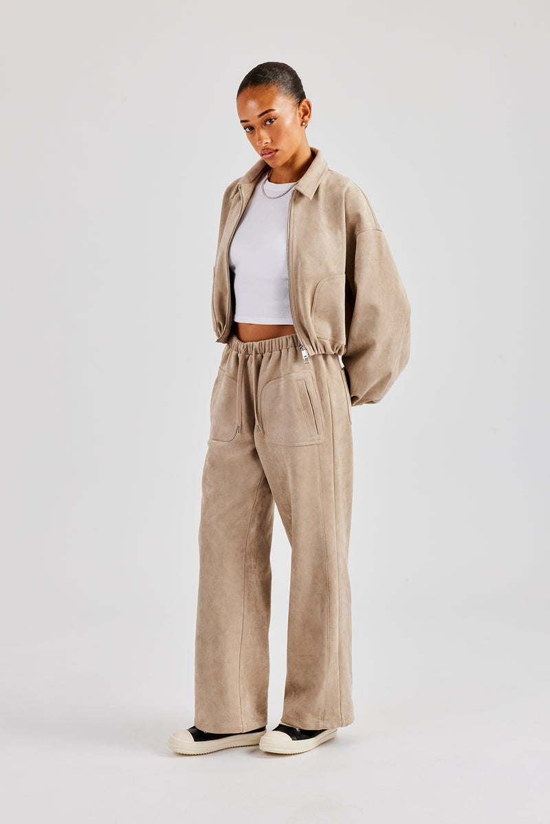 Suede Collared Bomber Jacket & Wide Leg Trouser - Beige