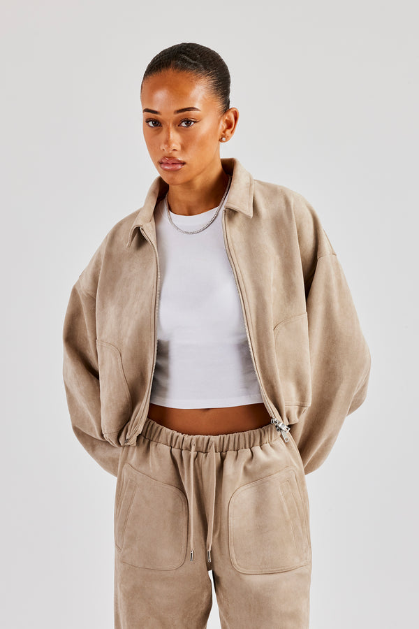 Suede Collared Bomber Jacket - Beige