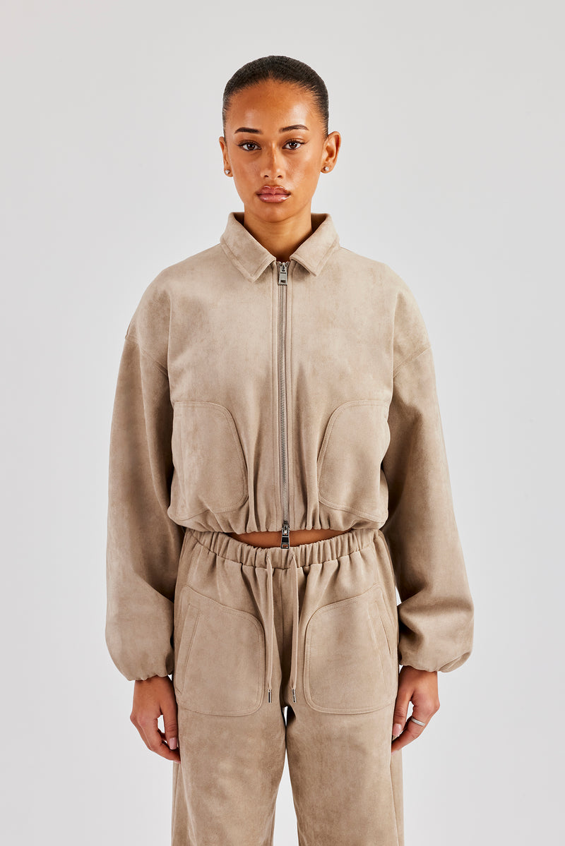 Suede Collared Bomber Jacket & Wide Leg Trouser - Beige