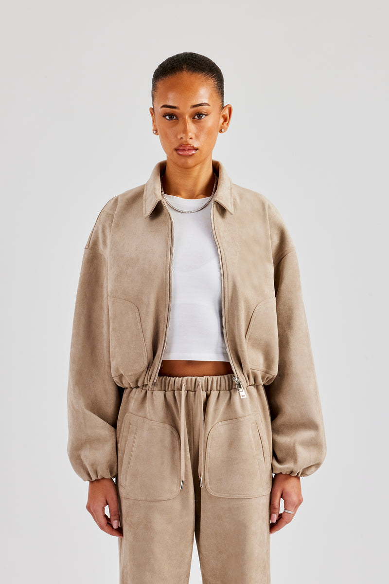 Suede Collared Bomber Jacket & Wide Leg Trouser - Beige