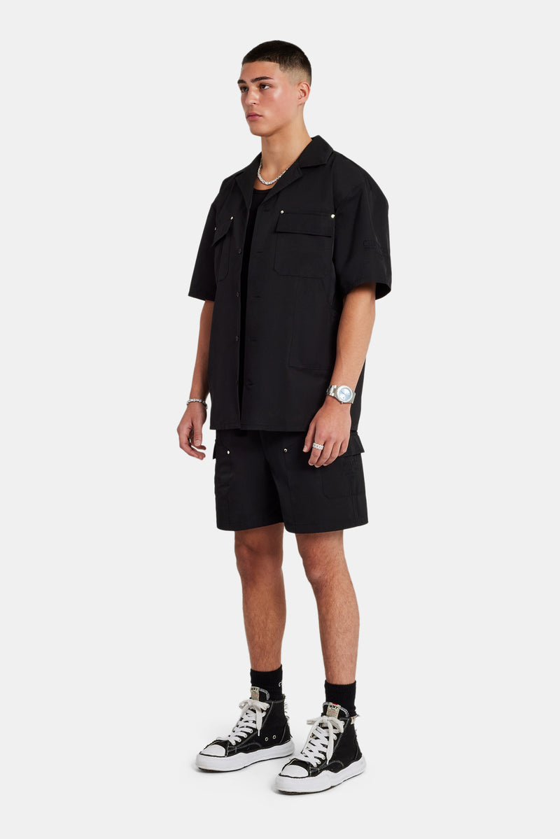 Carpenter Nylon Embroidered Shirt & Short Set - Black