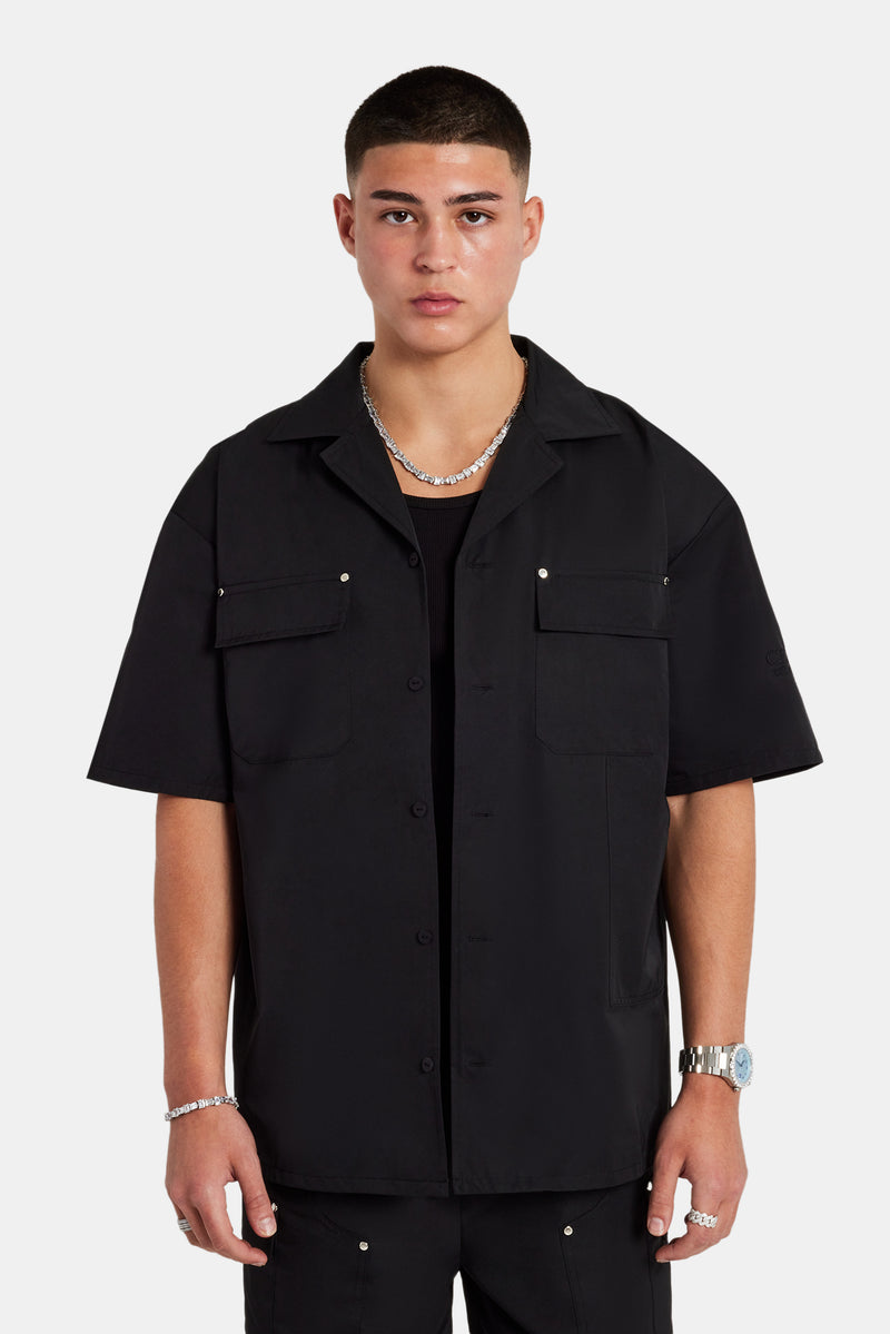 Carpenter Nylon Embroidered Shirt & Short Set - Black