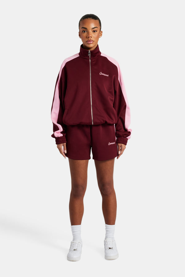 Womens Contrast Panel Track Jacket & Short Set - Burgundy