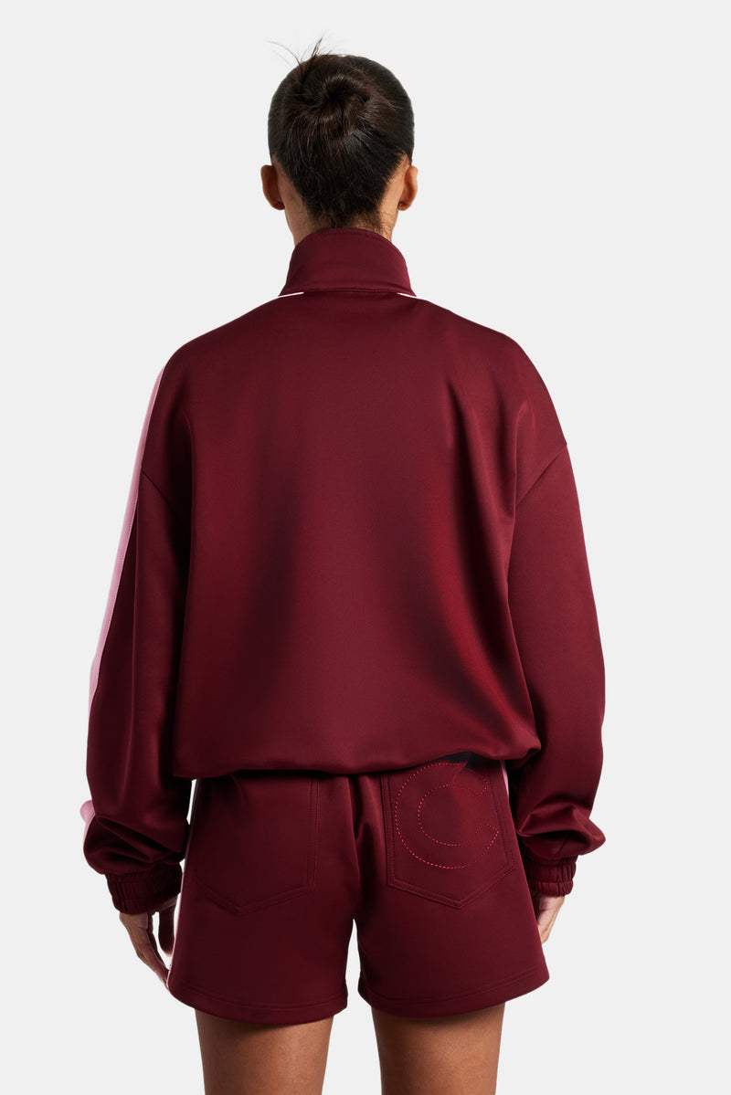 Womens Contrast Panel Track Jacket & Short Set - Burgundy