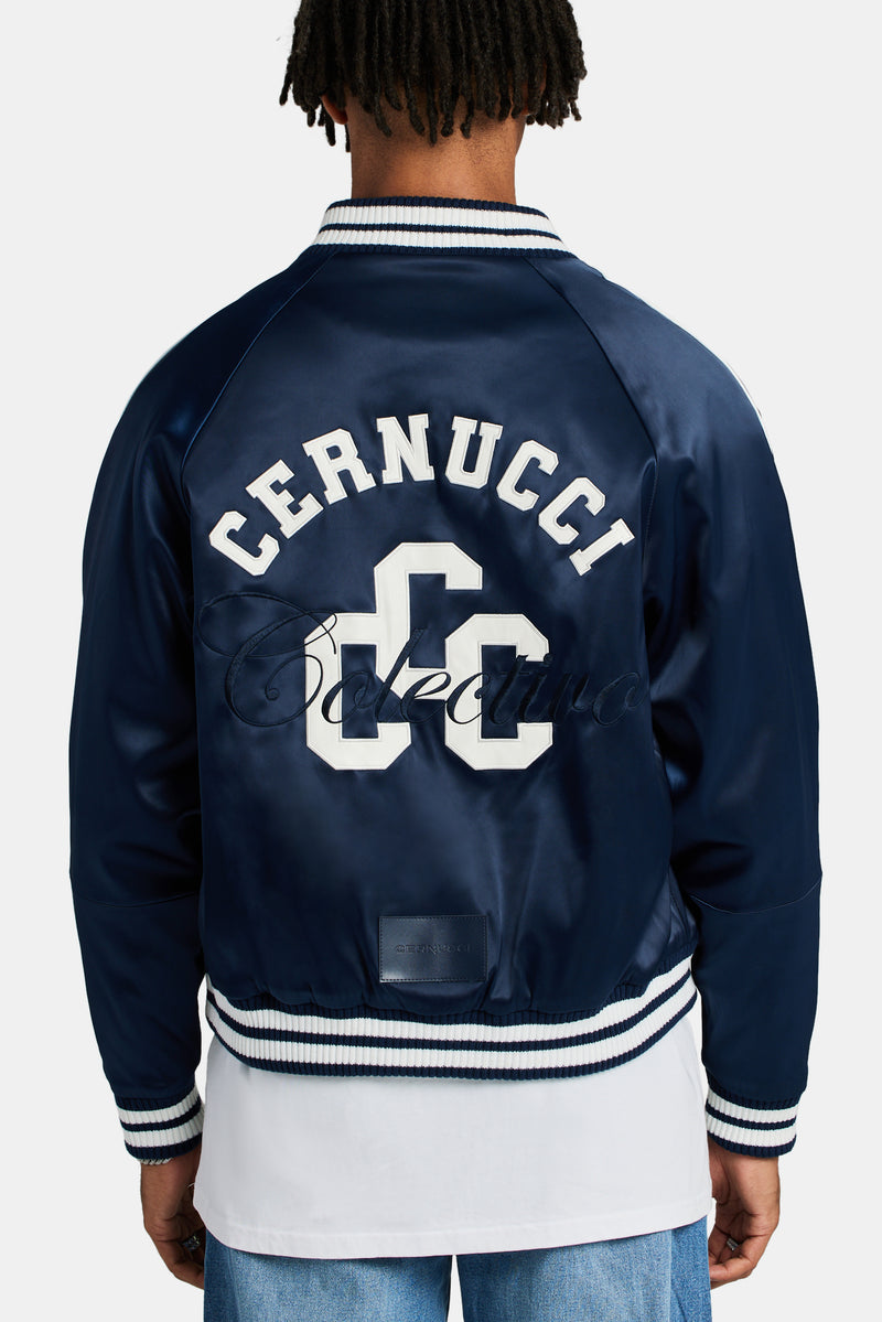 Cernucci Satin Souvenir Bomber Jacket - Navy