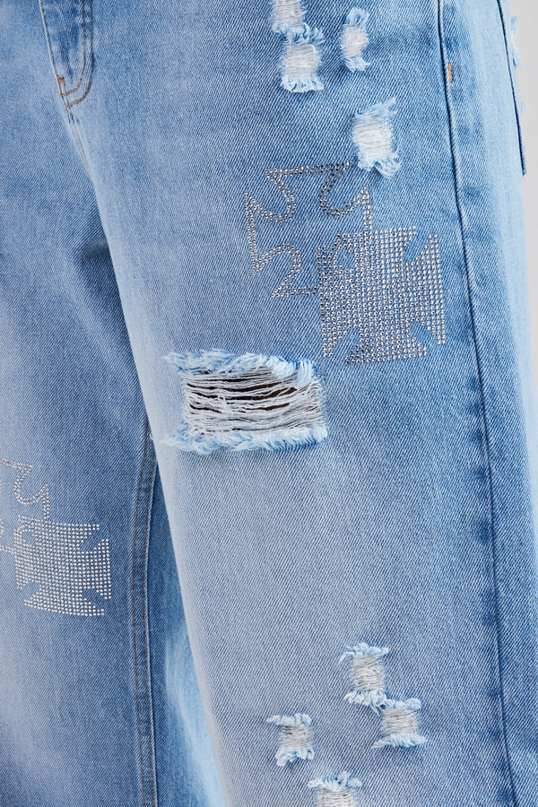 Rhinestone Motif Baggy Jean - Mid Blue