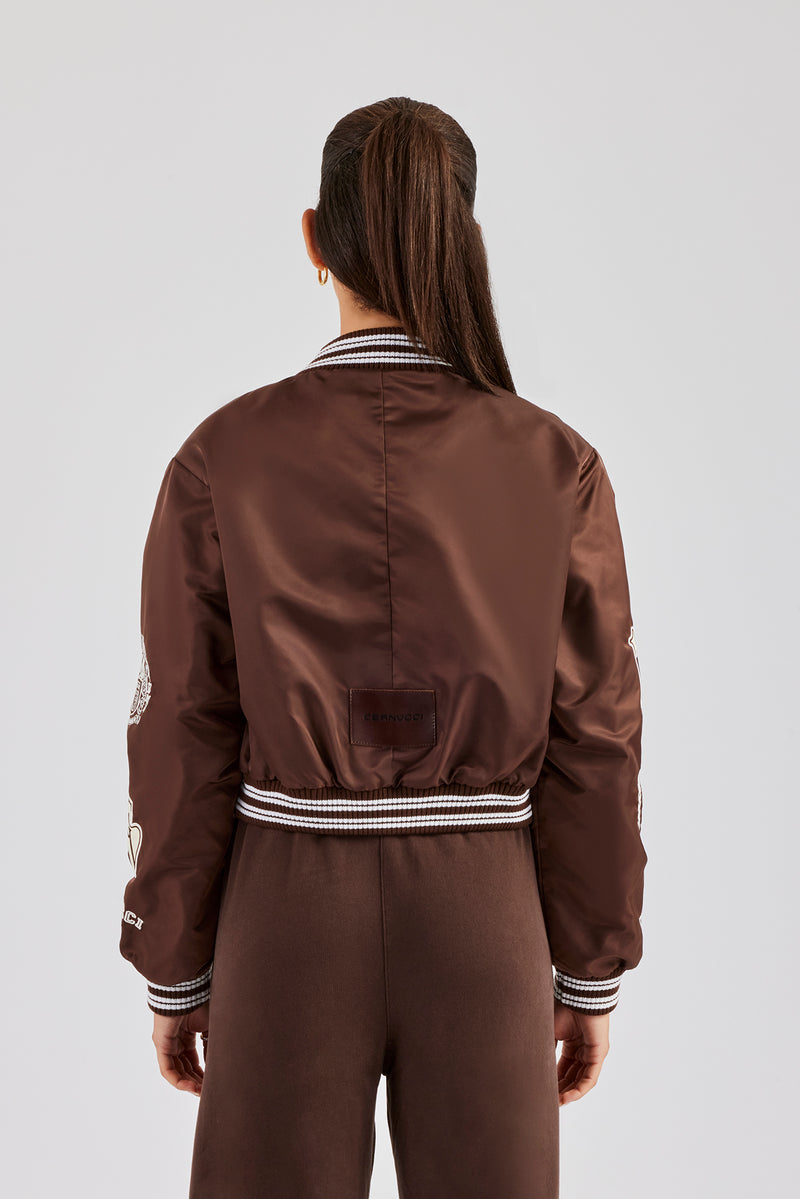 Oversized 17 Nylon Applique Badge Bomber - Chocolate