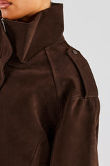 Ladies Faux Suede Cropped Trench Coat - Chocolate