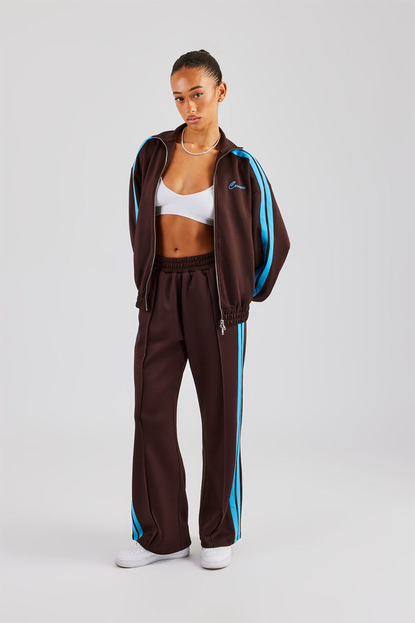 Funnel Neck Blue Taping Zip Through Tracksuit - Chocolate