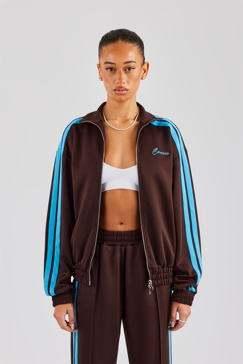 Funnel Neck Blue Taping Zip Through Track Jacket - Chocolate