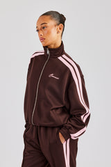 Funnel Neck Pink Taping Zip Through Track Jacket - Chocolate