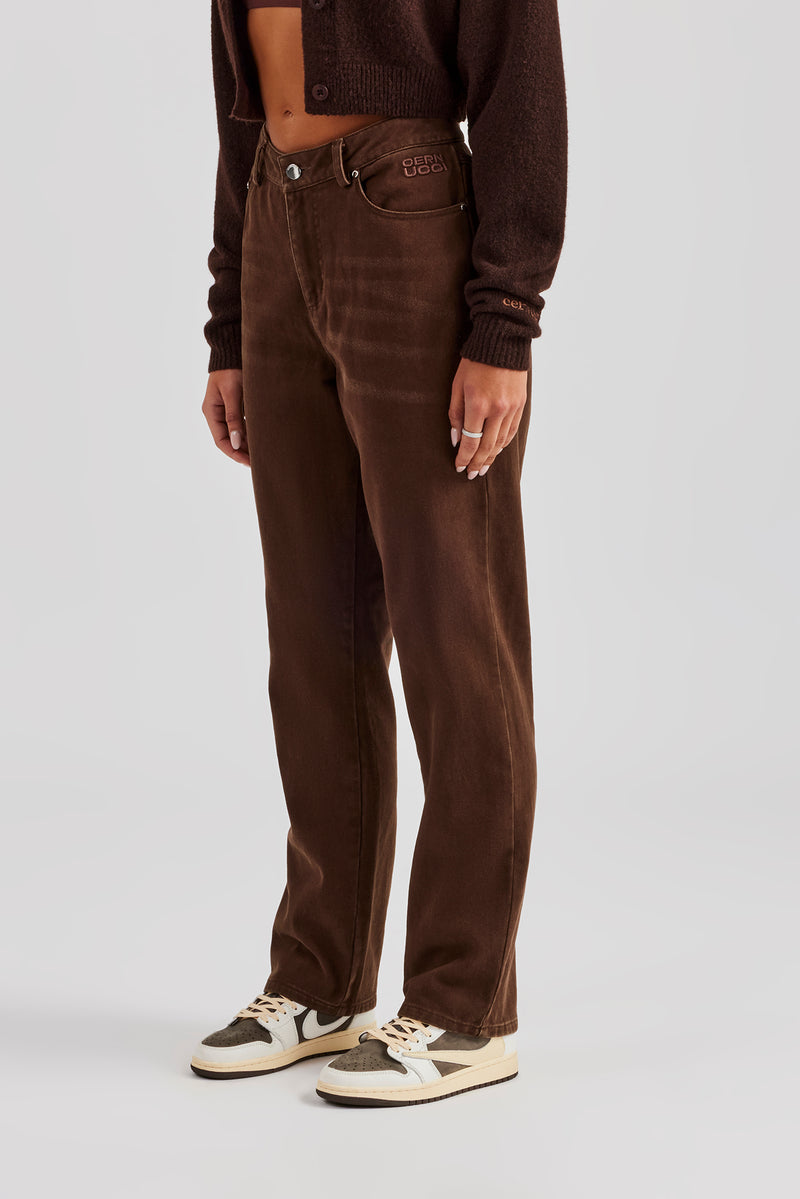 Twill Embroidered Trouser- Chocolate