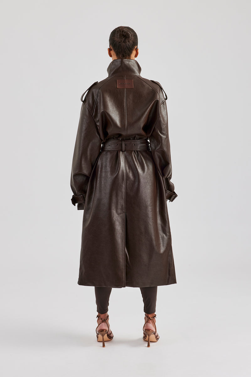 Ladies Faux Leather Trench Coat - Chocolate