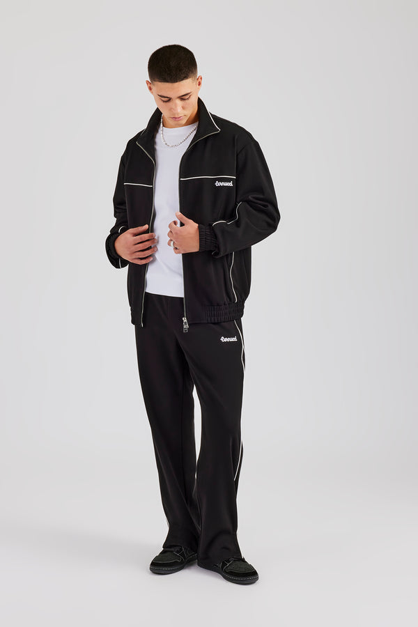 Piping Zip Through Jacket & Trouser - Black