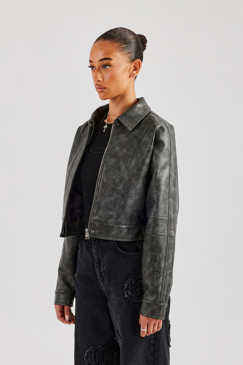 Washed Oversized PU Jacket - Charcoal