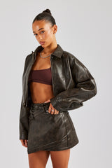 Washed Oversized PU Jacket & Mini Skirt - Brown