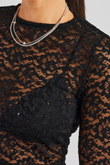 Rhinestone Long Sleeve Lace Top - Black