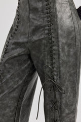 Washed PU Lace Up Detail Trouser - Charcoal