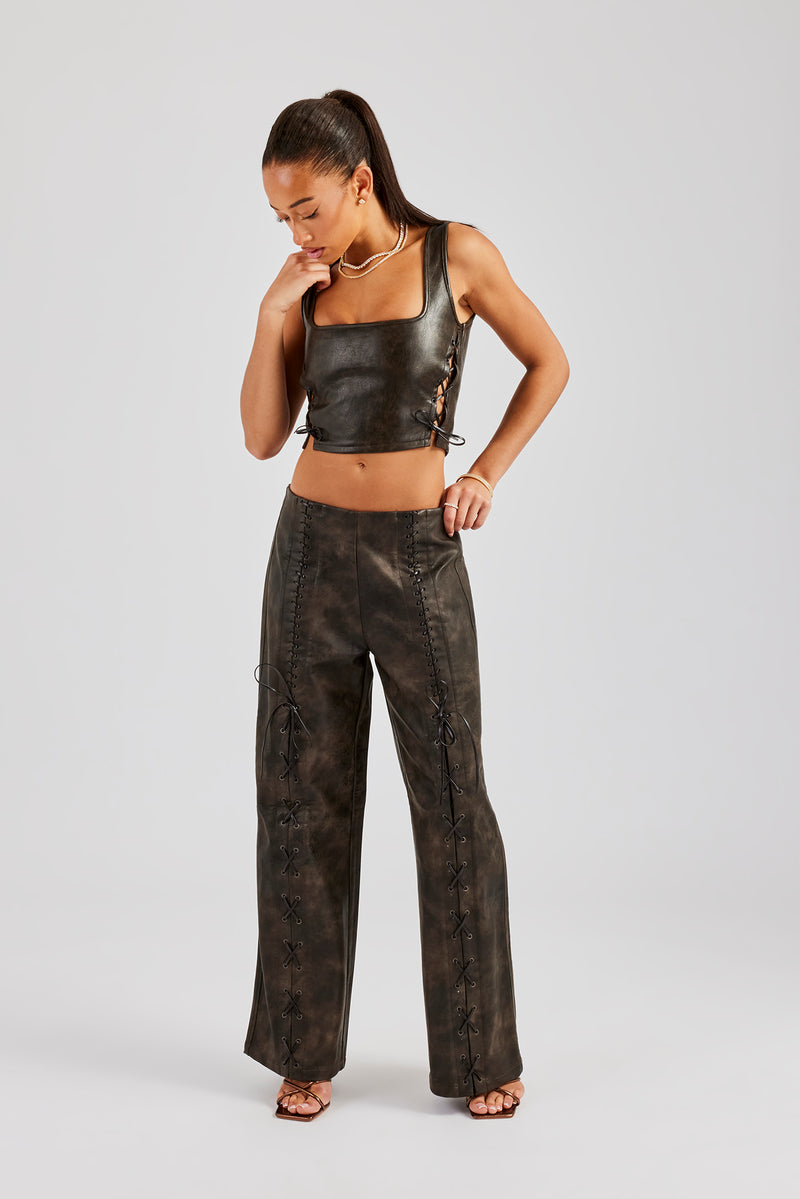 Washed PU Square Neck Top & Lace Up Trouser - Brown