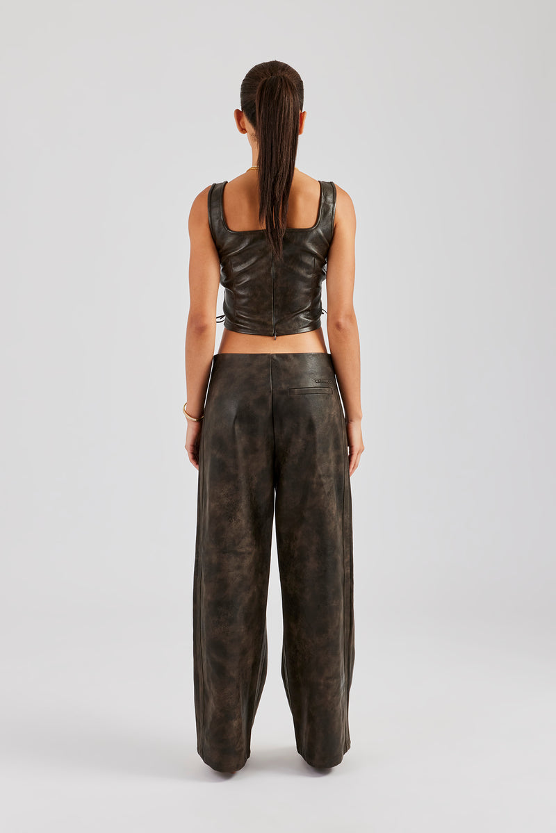 Washed PU Square Neck Top & Lace Up Trouser - Brown