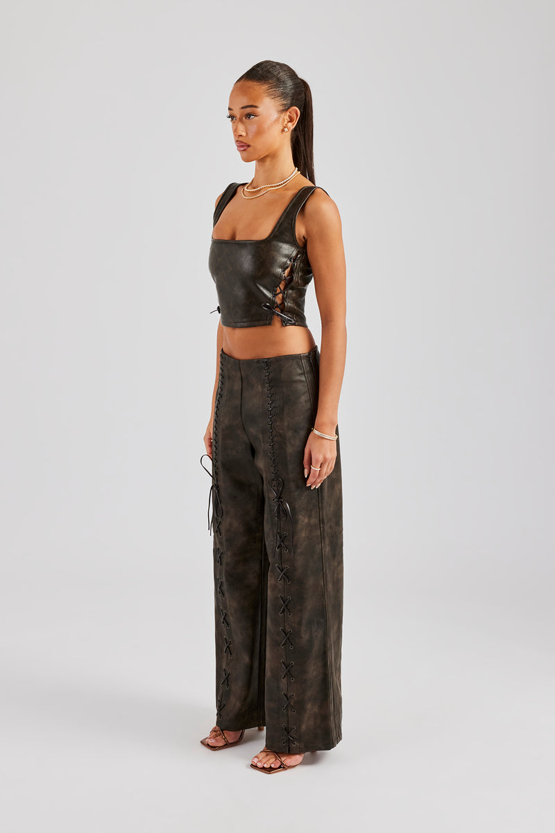 Washed PU Square Neck Top & Lace Up Trouser - Brown