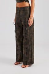 Washed PU Lace Up Detail Trouser - Brown