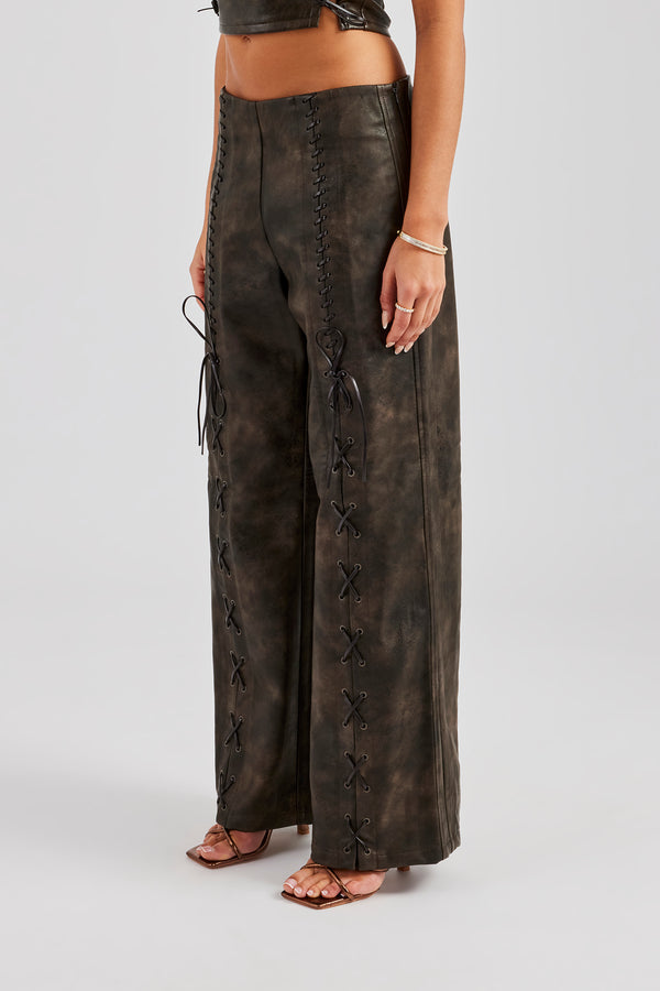 Washed PU Lace Up Detail Trouser - Brown