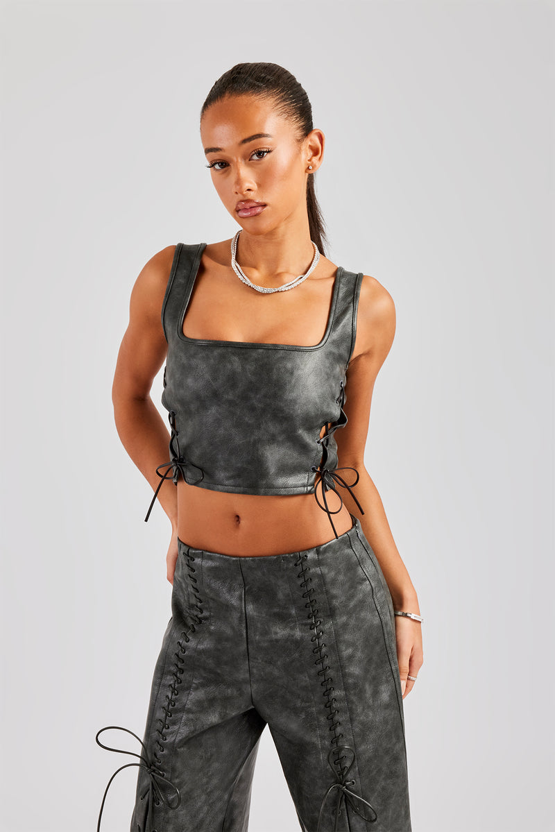 Washed PU Square Neck Top - Charcoal