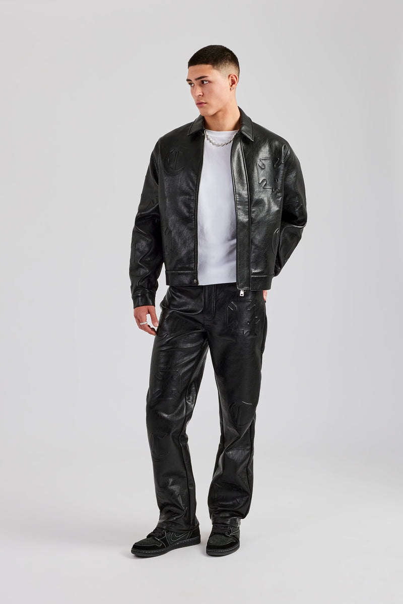 Embossed Motif PU Harrington Jacket - Black