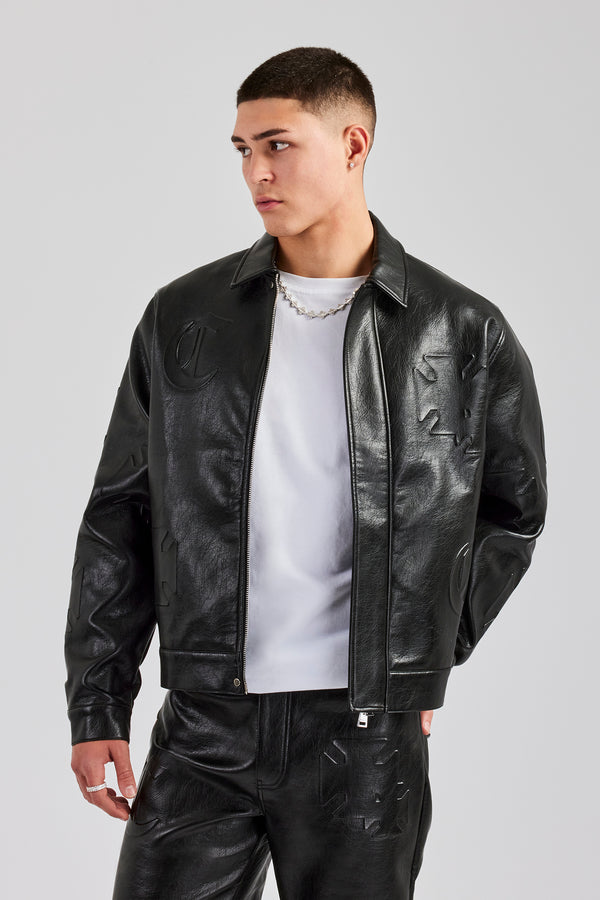 Embossed Motif PU Harrington Jacket - Black