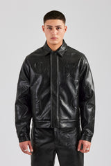 Embossed Motif PU Harrington Jacket - Black