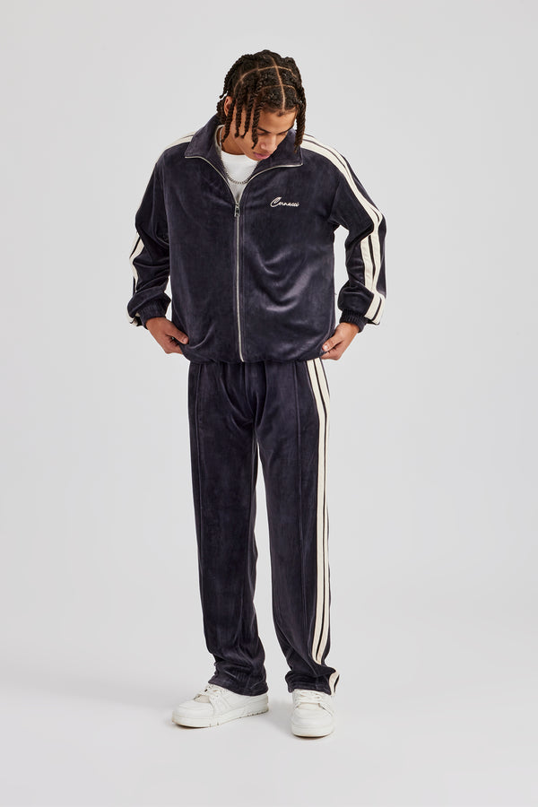 Zip Through Taping Velour Tracksuit - Charcoal