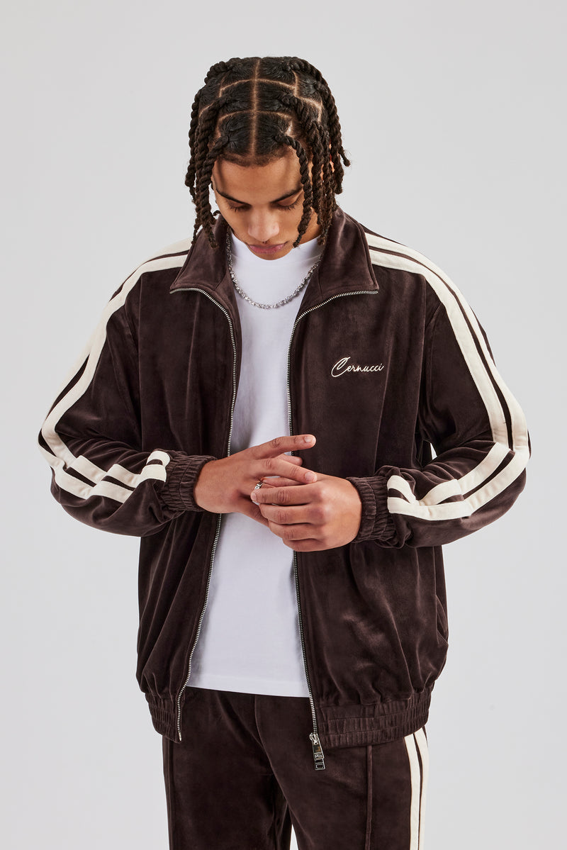 Zip Through Taping Velour Track Jacket - Chocolate